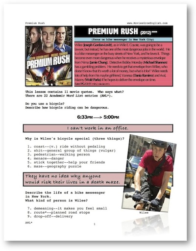 Premium Rush, Thumbnail of whole-movie ESL lesson, first page